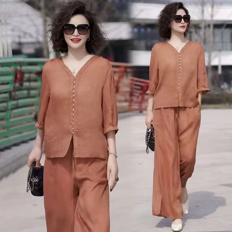 Cross-border Gastrodia suit 2024 New Summer Leisure Korean Middle-aged Mother Collar Wide Leg Pants Trend