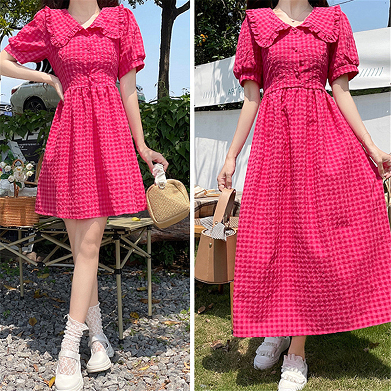 2023 New Summer Korean Design Niche Sweet Puff Sleeve Doll Collar Rose Red Plaid A-Line Dress for Women