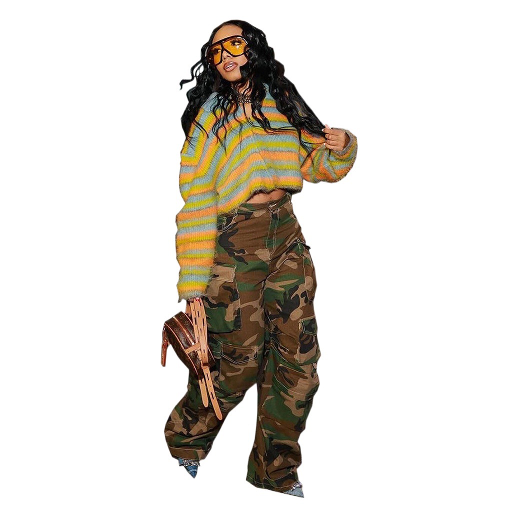 European and American women's camouflage pants Amazon cross-border women's clothing winter New Street Fashion multi-pocket straight jeans