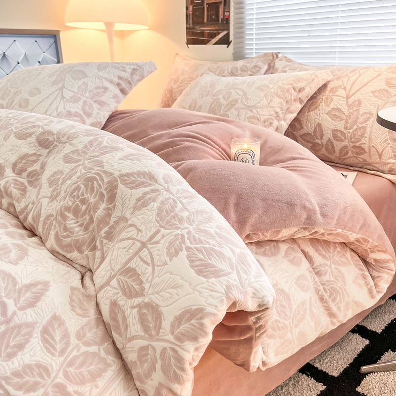 Class A Milk Velvet Bed Four-piece Set Winter Carved Velvet Coral Velvet fleece-lined Warm Thick Quilt Cover Bed Sheet Three-piece Set