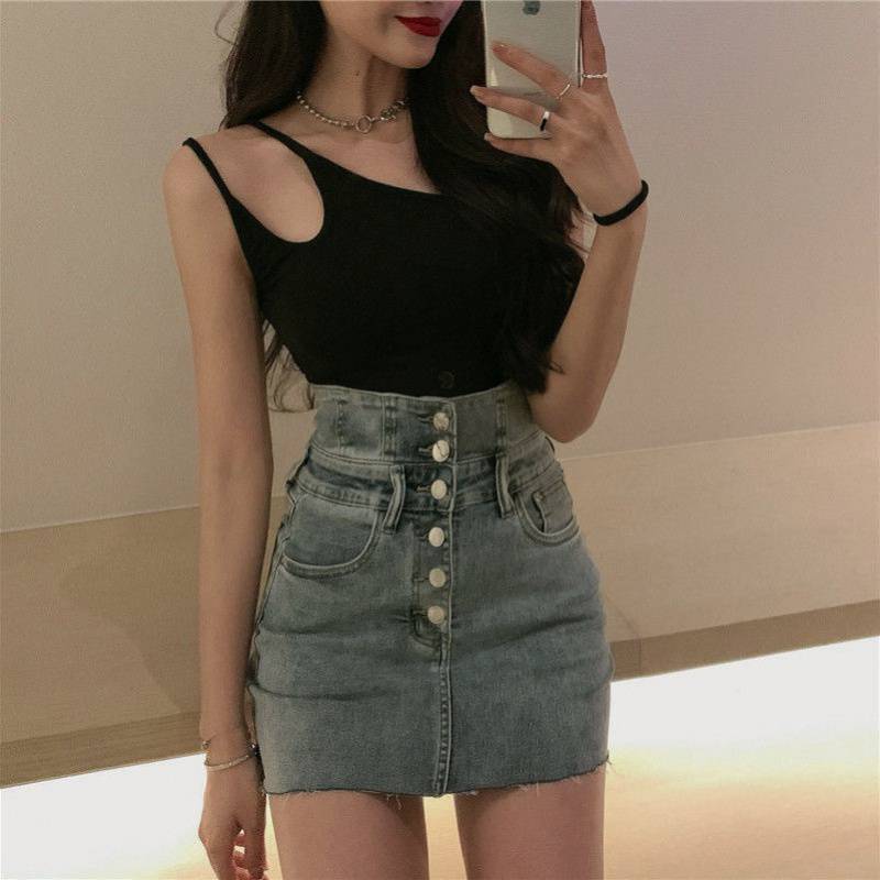 Hong Kong-style Vintage Burr-edge Buckle Denim Skirt Women's High-waist Slim-fit All-match Trendy Short Hip Skirt