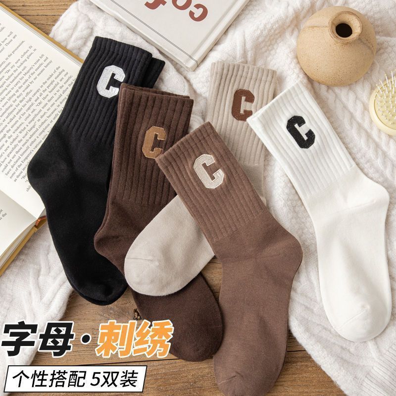 Zhuji socks women's combed cotton embroidered letters Big C college style sports socks ins trendy couple simple mid-calf socks