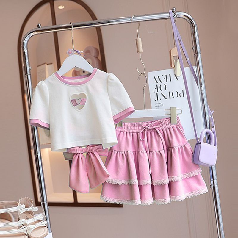 Girls' suit 2025 Summer New Stylish Short-sleeved Children's Korean-style Casual Skirt Fashionable Summer Two-piece Set