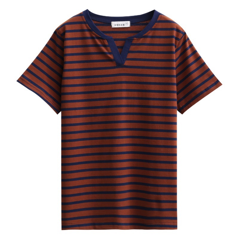chubby girl Striped Short-sleeved T-shirt Women's Extras Large Size Loose Slimming Half-sleeved T-shirt Cotton Casual V-neck Top