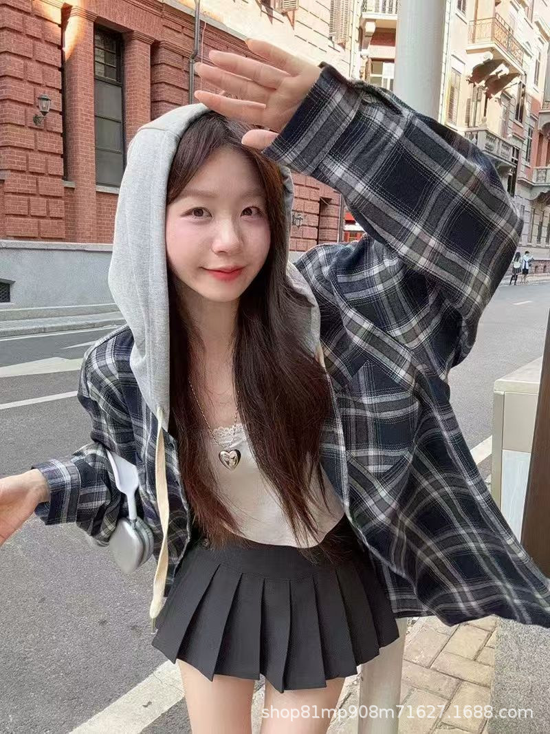 Casual Vintage 2025 Spring/Summer Hooded Blue Plaid Shirt Women's New Long-sleeved Loose Lazy Style Small Size Lining