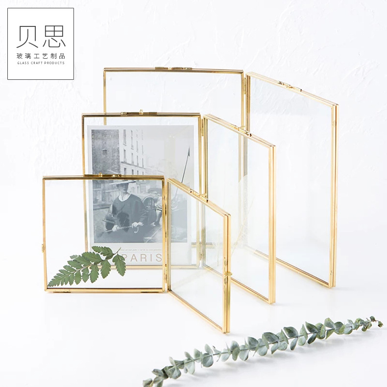 Glass decoration retro glass photo frame artwork double-sided display stand plant specimen frame metal glass photo frame