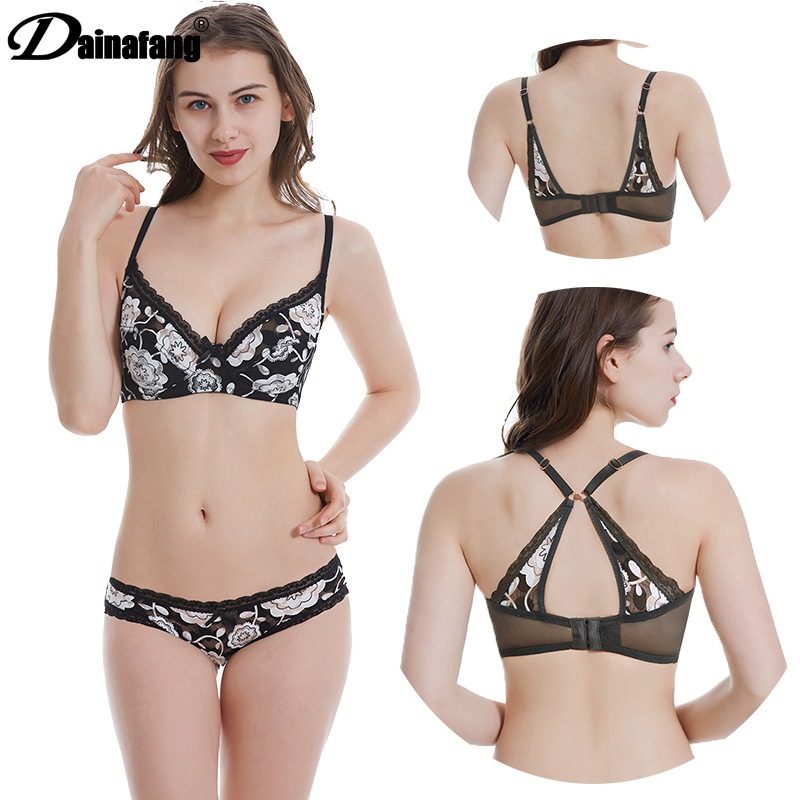 French Style Underwear Women's Beautiful Back Bra Ultra-thin Sexy Lace Bra Set Printed Underwear Large Chest Small