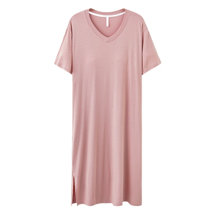 Modal Nightdress Women's Summer Thin High-end Short-sleeved Pajamas with Chest Pad Outer Wearing Mid-length Solid Color Home Clothes