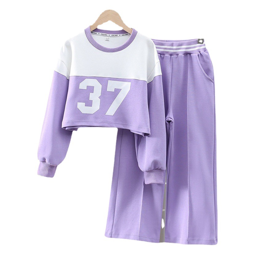 Spring and Autumn Girls' Sports Suit Large Children's Short Loose Long-Sleeved Sweat Casual Pants Two-Piece Girls' Children's Clothing