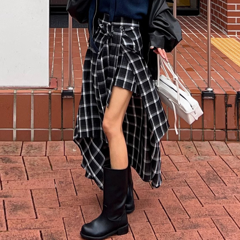 South Korea chic autumn vintage niche high waist all-match strap irregular design plaid skirt pants skirt for women