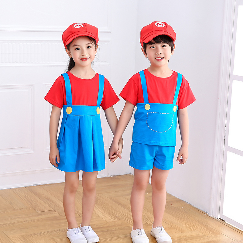 Cosplay Mario Cartoon Costume Boys Girls Brother Sister Outfit Children Super Mario Suit Soft Cotton