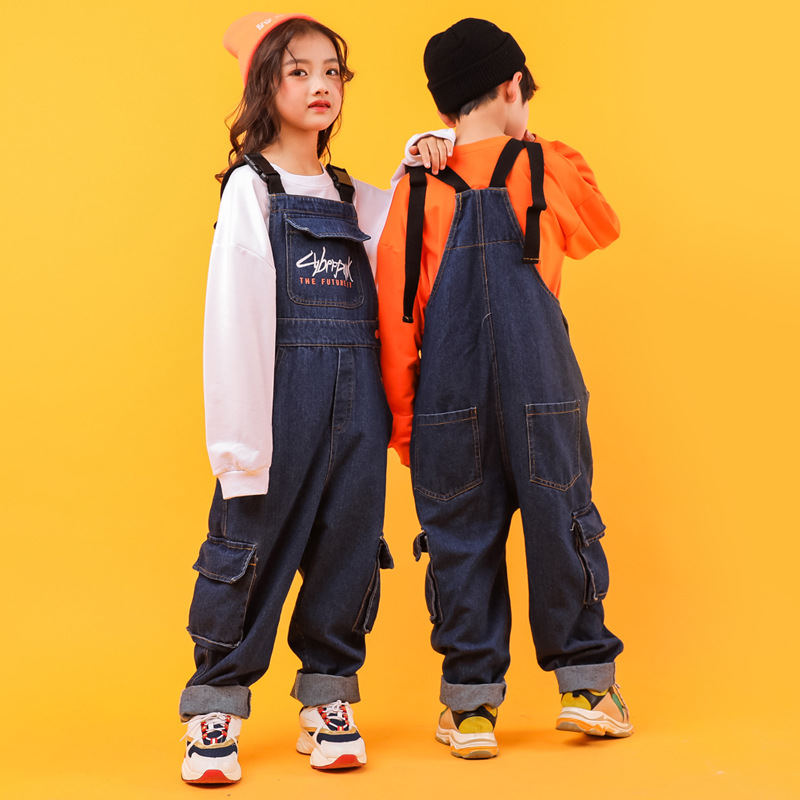 Picture of Children's suspenders costume girls jazz dance suit hip-hop loose denim baggy pants boys hip-hop fashion cool