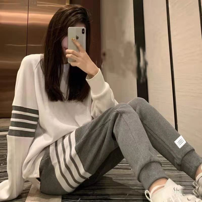 Waffle suit Women's Four-bar Leg Pants Spring Autumn and Winter Casual Sports Pants Outer Wear Casual Sweatpants for Men and Women