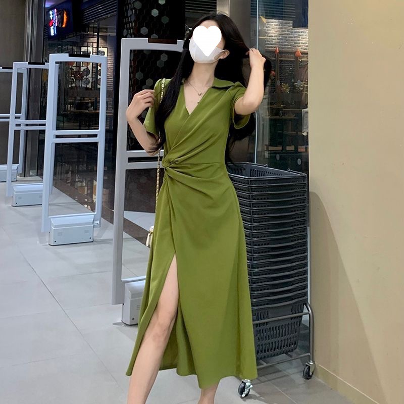 Internet celebrity style collar dress summer 2023 new design chic slimming split solid color midi dress