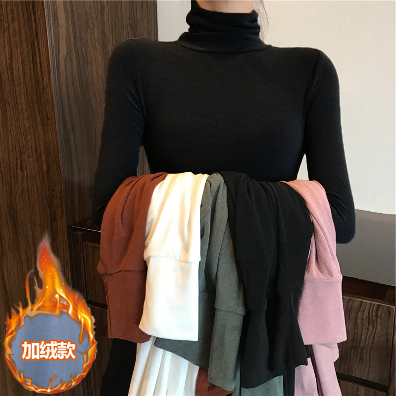 2023 autumn and winter fleece-lined high collar T-shirt women's Korean fashion solid color long sleeve slim slim base shirt top