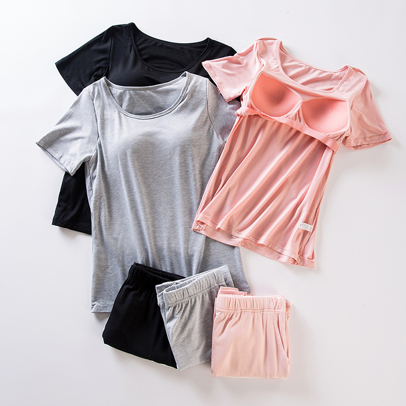 Picture of Modal Women's Padded Short-Sleeved Pajamas Set Bra-T All-In-One Bra-Free Half-Sleeved Loose Shorts Home Clothes