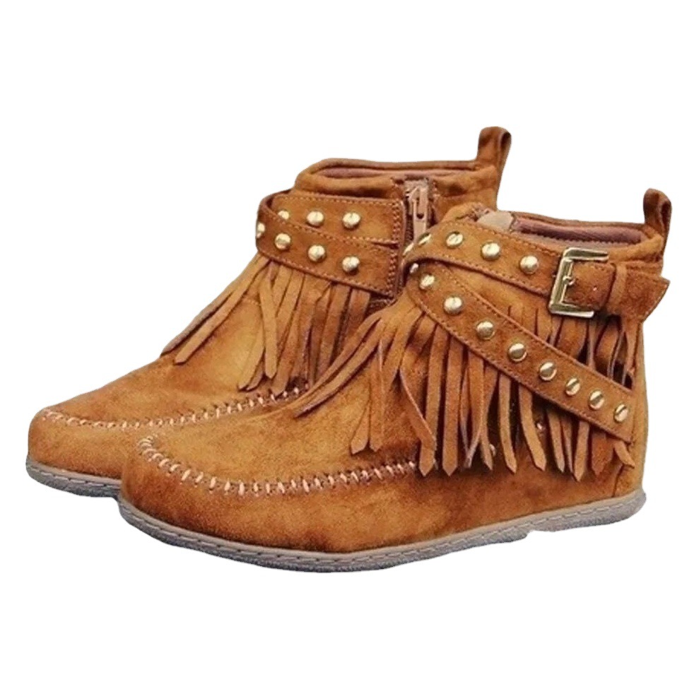 Foreign trade women's boots short boots 2022 autumn and winter New European and American cross-border plus size independent station rivet flat tassel boots for women