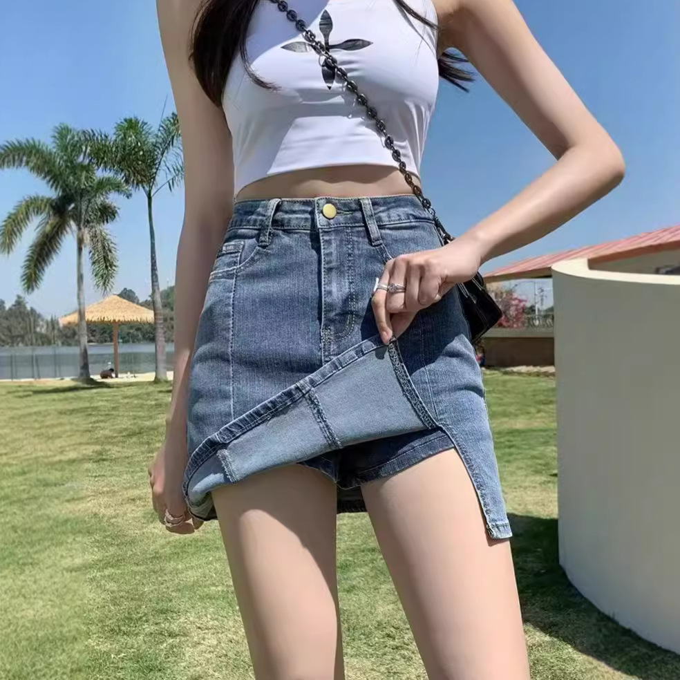 American-style Denim skirt women's autumn 2024 new high waist slimming anti-light A- line hip half-length skirt ins