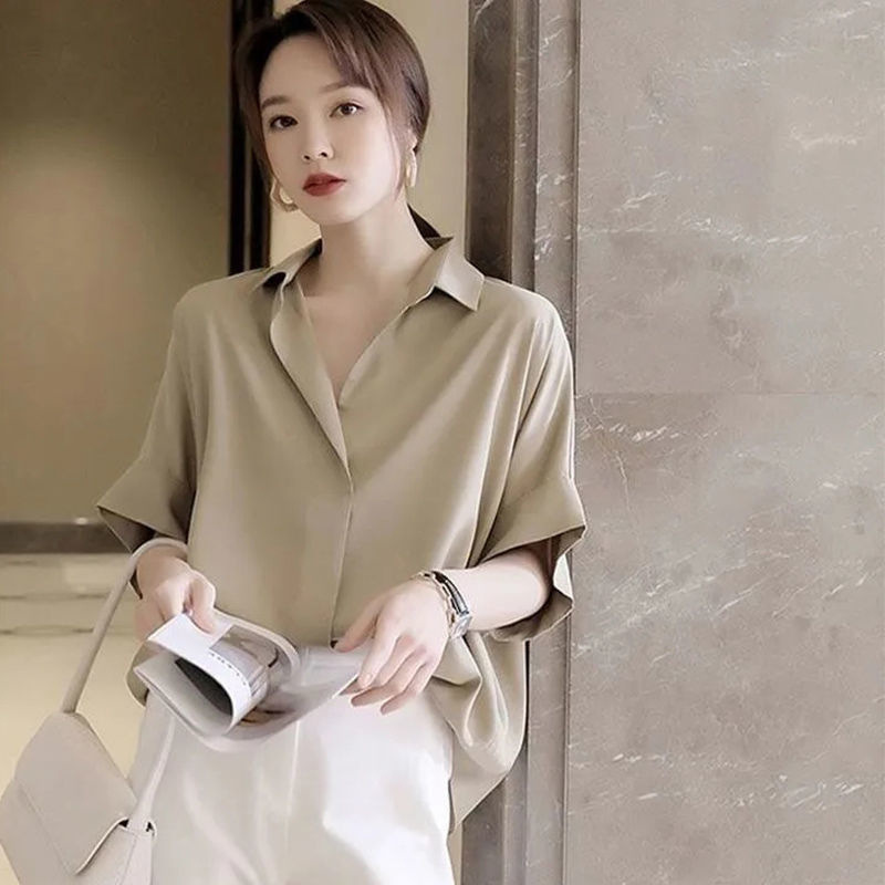 Spring and summer main type all-match slimming bat sleeve drape silky modal Tencel lapel shirt