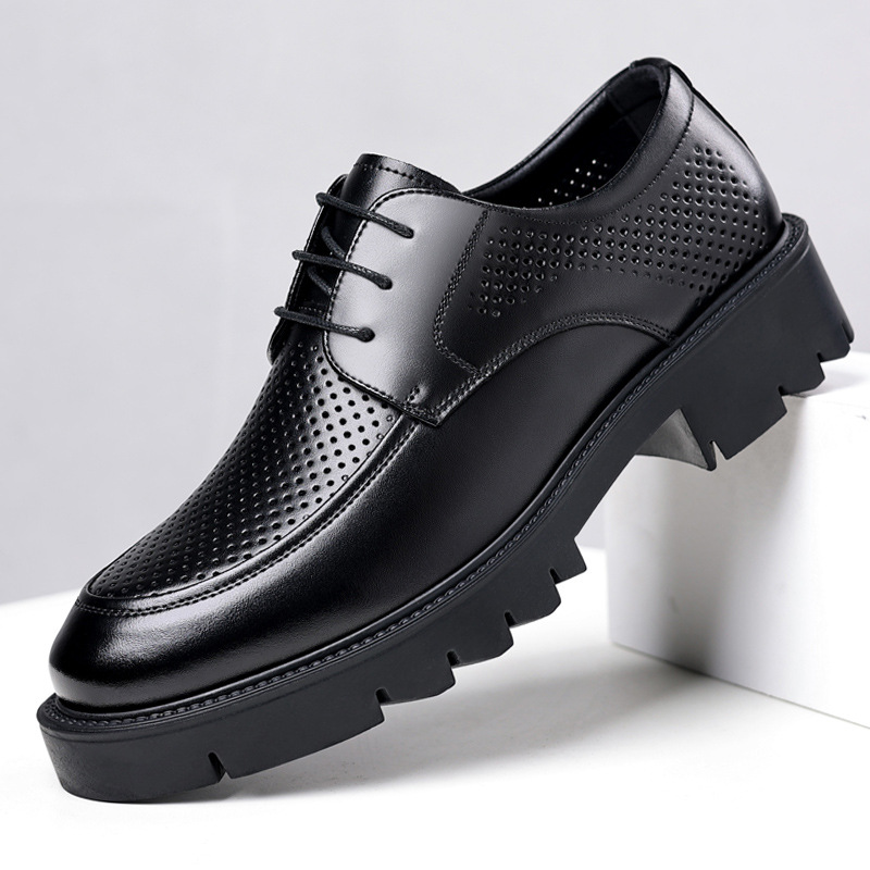 Men's Height Increasing 10CM Leather Shoes Summer Breathable Hollow Sandals Thick Sole Big Head British Business Dress Casual Shoes