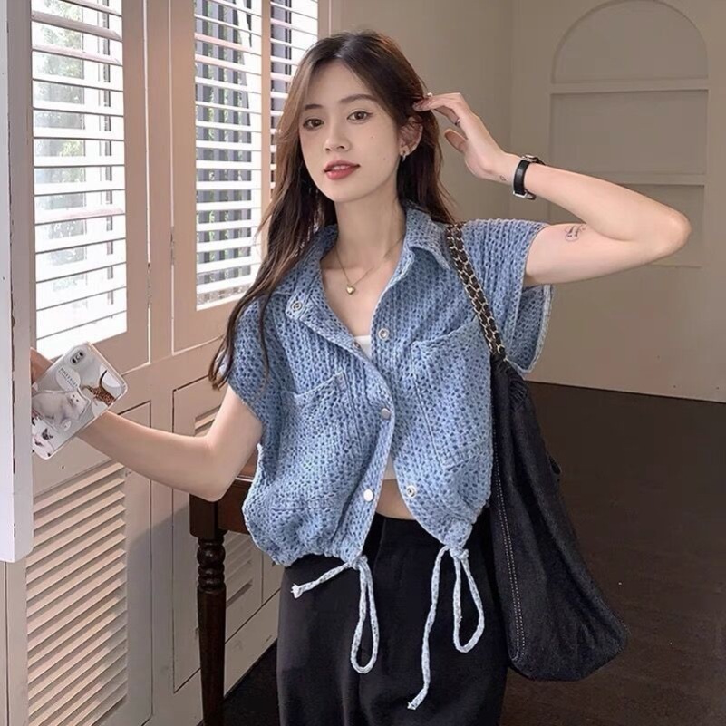 2025 New Spring and Summer Denim Short Shirt Women's Design Sense Niche Chic Temperament Hong Kong Chic Top