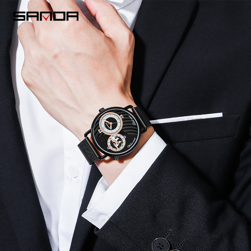 Sanda Cross-Border Watch Men's Business Dual Movement Quartz Watch Creative Design Earth Waterproof Watch Factory Direct Sale