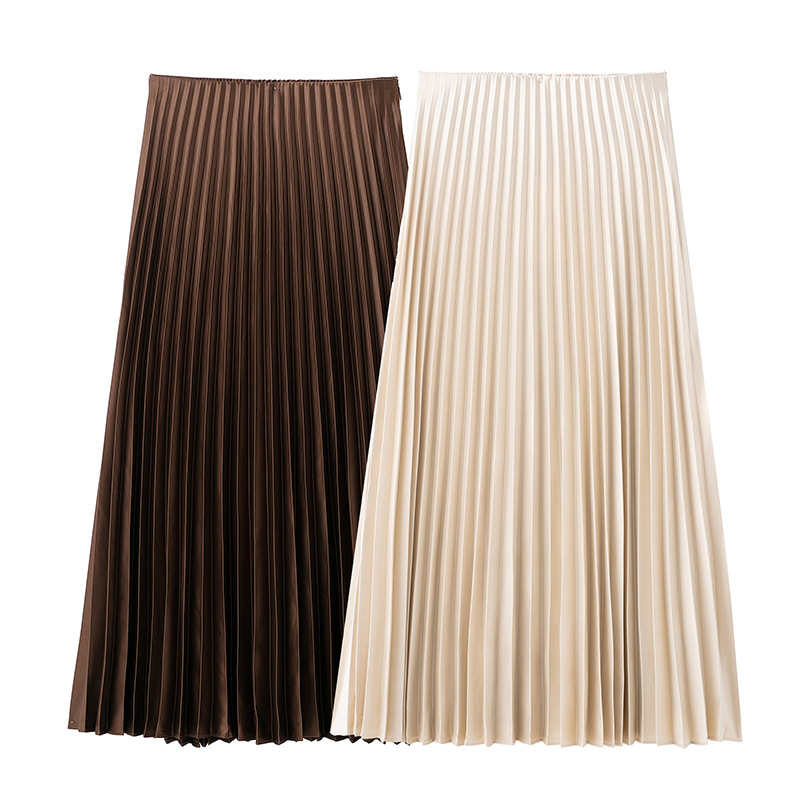 Solid Color Pleated Women's Half-length A- shaped Mid-skirt European and American Style 2025 New Casual Satin Draped Pleated Skirt