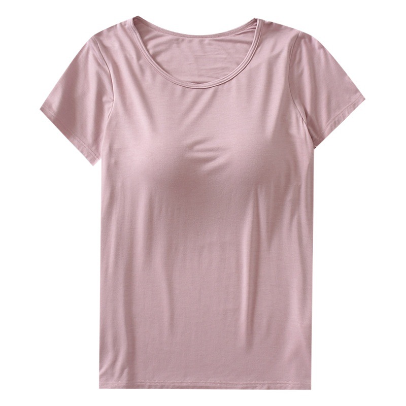 Short-sleeved T-shirt with Chest Pad Women's Modal Cup One-piece Slim-fit Base Shirt Women's Top Round Neck Wear-free Bra