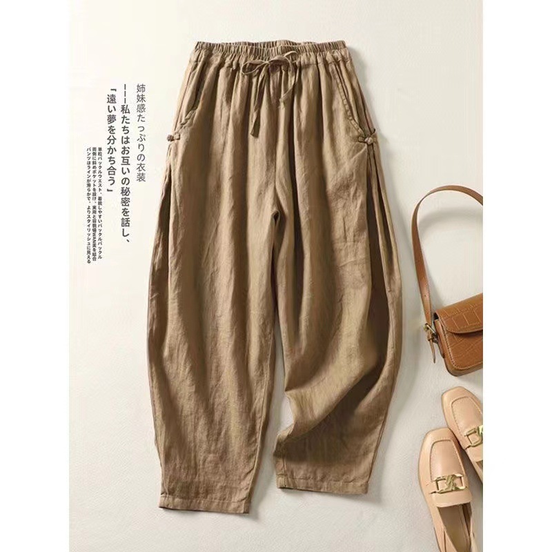 Cotton Cropped Pants Loose New Spring and Summer Thin Vintage Buckle High Waist Lace-up Loose Waist Casual Hallen Pants for Women