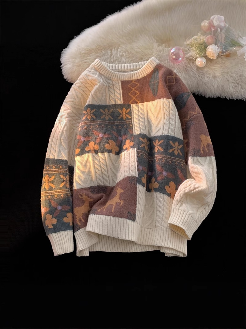 Picture of Japanese Retro Sweater Winter Loose Outer Wear Top Fashional Brand Laid-back Crewneck Pullover Sweater Christmas Sweater