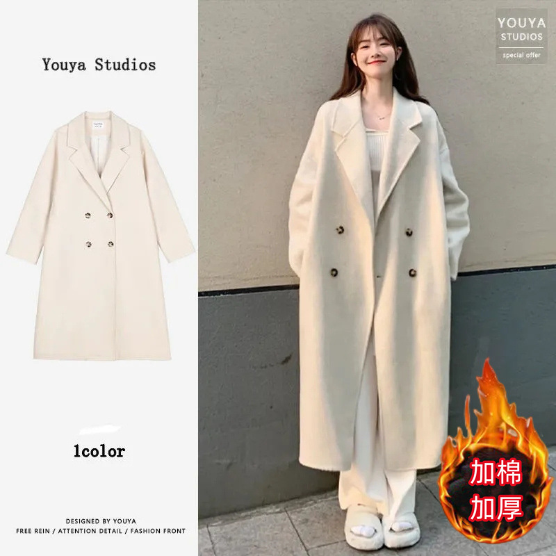 Picture of Mid-length woolen coat for women autumn and winter cotton-padded student straight loose over-the-knee overcoat double-breasted lazy windbreaker thick