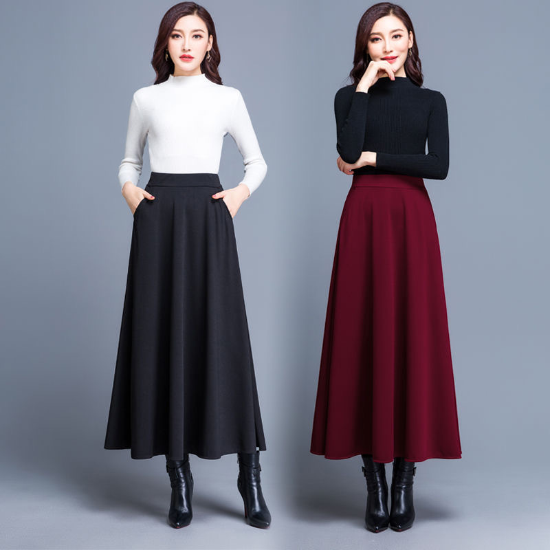 [Pocket] elastic waist mid-length skirt women's high waist slimming versatile large swing skirt plus size square dance skirt
