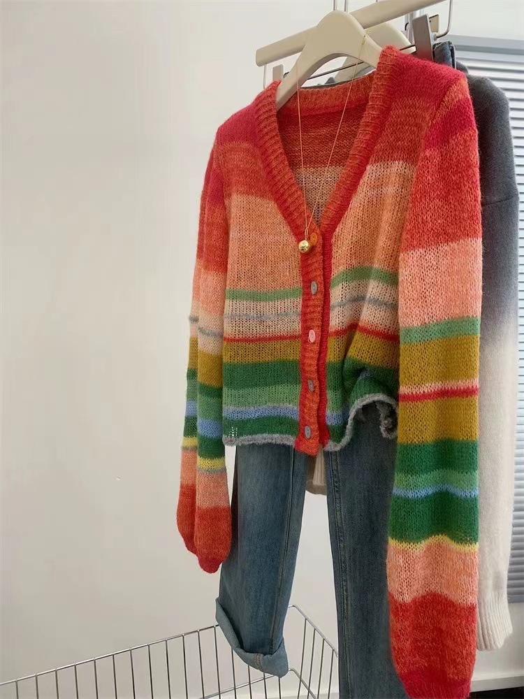 Picture of Rainbow Contrast Color V-neck Sweater Women's Autumn and Winter High-end Sense Super Good-looking Cardigan Jacket Candy Color Sweater Top Trendy