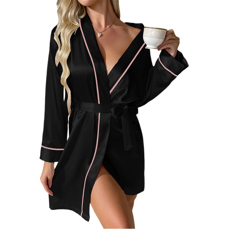 Ice Silk pajamas women's bathroom lace-up bathrobe summer simple breathable thin fashion artificial silk casual long-sleeved nightgown