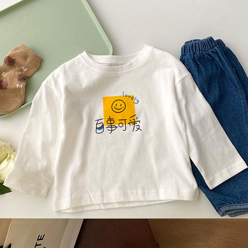 Pure Cotton Kidsren's T-Shirt Long-Sleeved Boys and Girls Clothing 2025 Cute Cartoon Animation Fun Kidsren's Bottoming Top Spring