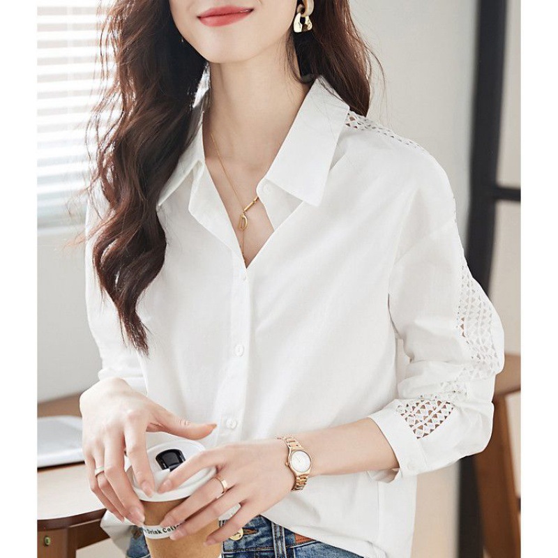 Picture of 2024 New Niche Chic Shirt Spring and Autumn Temperament Shirt Sleeves Hollow Texture Commuting Easiest for Match White Shirt for Women
