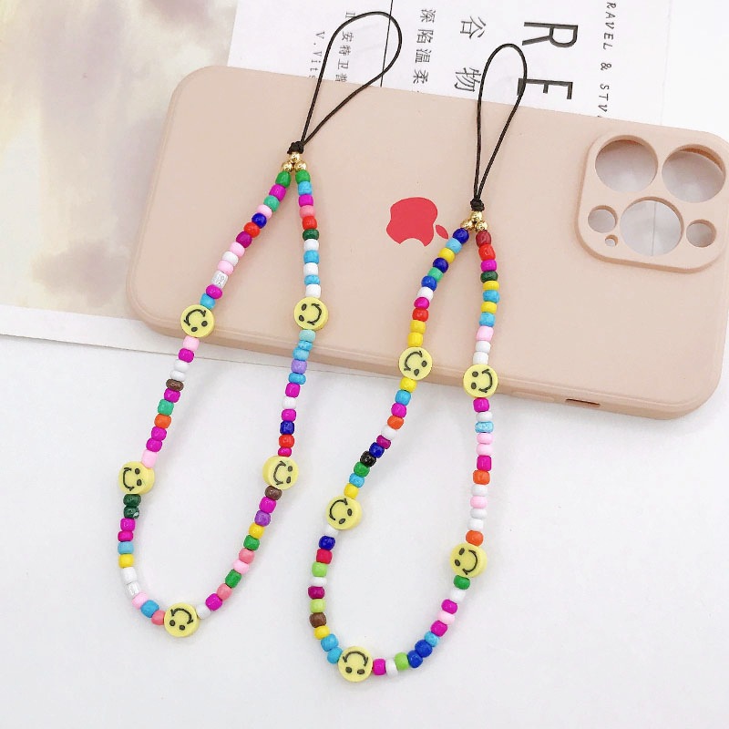 Trendy new soft pottery smiley face mobile phone chain diy mobile phone case accessories colorful glass beads mobile phone rope wholesale