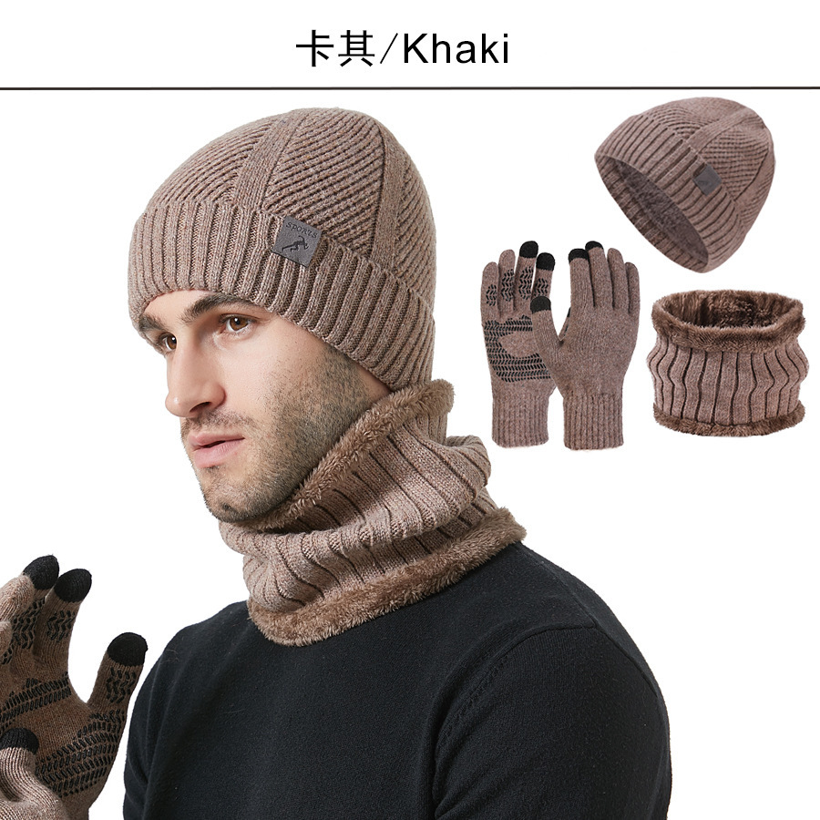 Picture of 2025 New Winter Thickeneded Men's Hat, Scarf and Gloves Three-Piece Cycling Non-Slip Ear Protection Knitted Hat Set