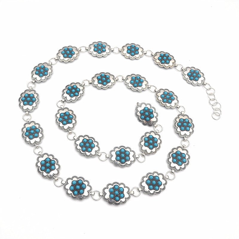 Cross-border Jewelry Turquoise Inlaid Vintage Hand-made Belt All-match Fashionable Metal Waist Chain Children's Matching Waist