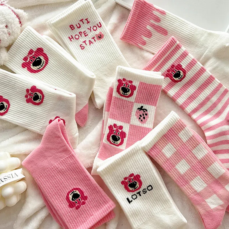 Sweet and Cute Pink Bear Print Mid-Calf Socks Colorfulful Plaid Stripesd Letter Socks Sports Casual Socks for Women