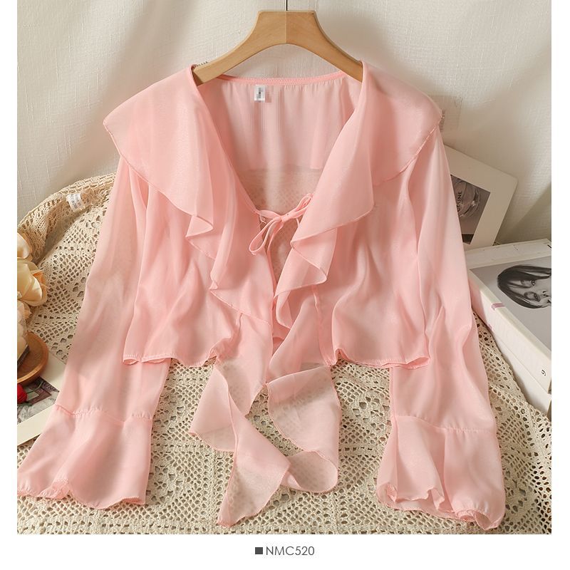 Picture of Sweet Ruffled Lace-up Short Chiffon Shirt for Women in Summer with Suspender Skirt and Shawl Small Outwear Sun Protection Blouse