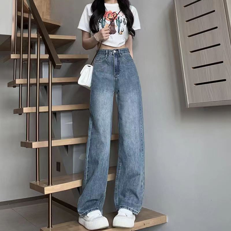 American-style retro wide-leg jeans women's autumn and winter 2023 new small loose draping mop straight pants