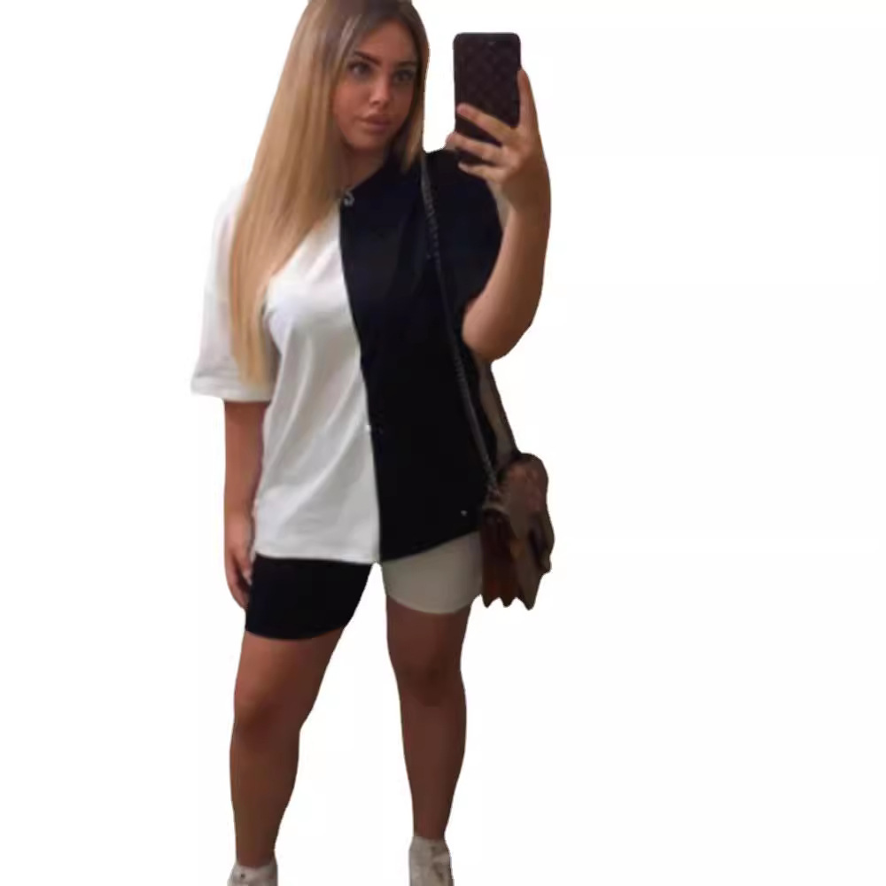 Cross-border European and American Amazon Spring and Summer Black and White Solid Color Contrast Color Loose T-shirt Shorts Sports Leisure suit
