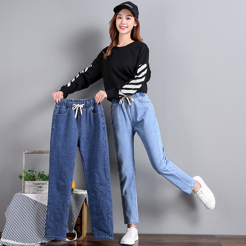 Picture of Korean Style Women's Straight Casual Elastoelastic Waist Lace-up High Waist Student Jeans Women's Loose Cropped Torre Pants Women