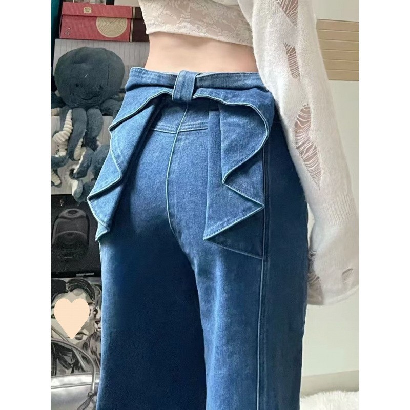 Small American Style Retro Stitching Bow Straight Jeans Women's Summer High Waist Loose Slimming Trousers