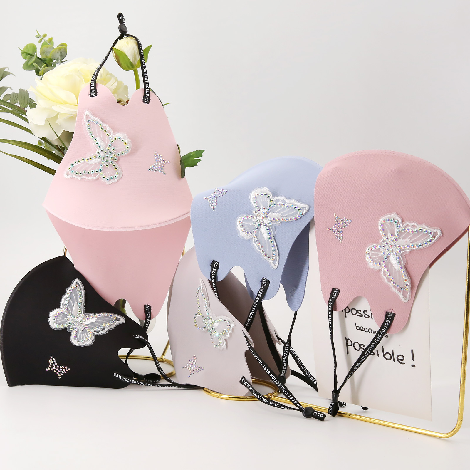 Hot-Drilled Rhinestone Mask with 3D Butterfly Embroidery, Rhinestone-Studded Sun Protection Breathable Face Mask, Cross-Border Windproof, Cold-Proof, and Warm Mask