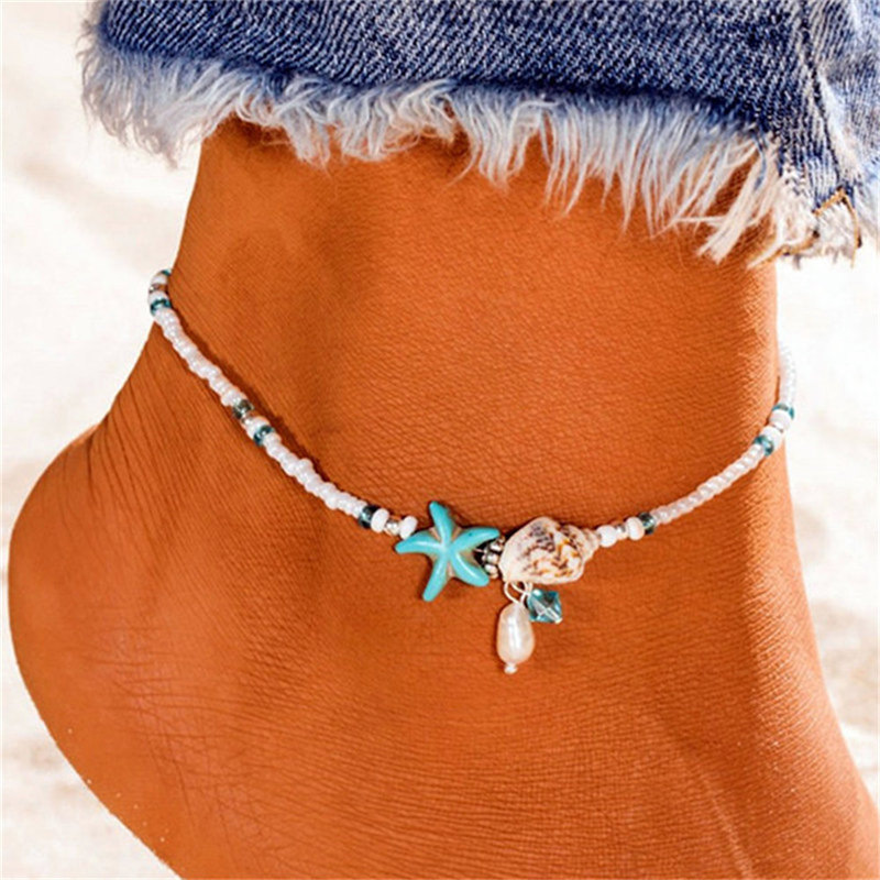 European and American Hot Sale Hawaiian Ocean Style Blue Starfish Summer Beach Shell Conch Foot Chain Romantic