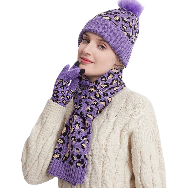 Amazon Aliexpress Autumn and Winter Leopard Print Warm Knitted Wool Hat Scarf Gloves Three-Piece Set Winter Warmth