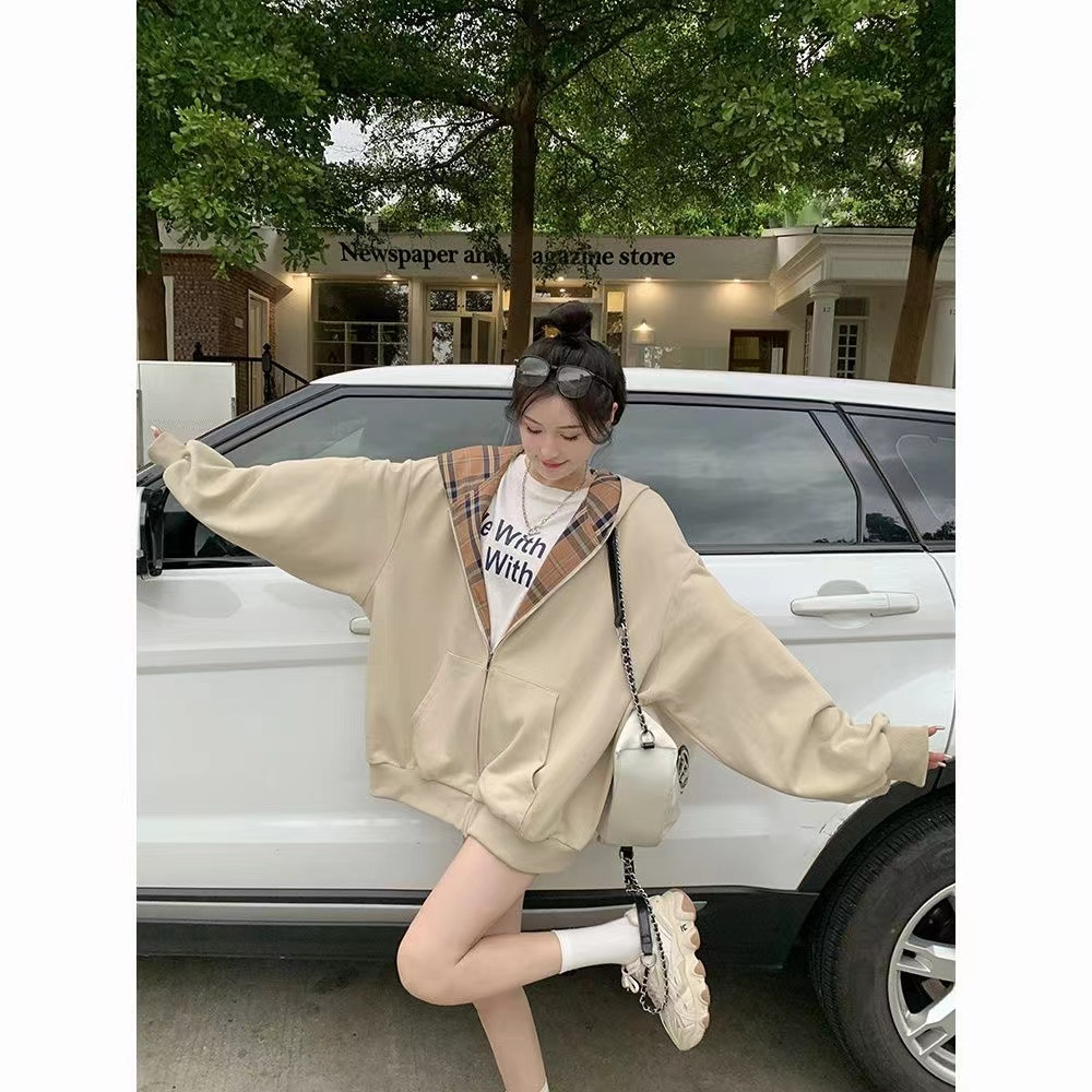 Lazy Style Stitching Plaid Hooded Sweater Women's Autumn and Winter New Loose Casual All-match oversize Cardigan Top