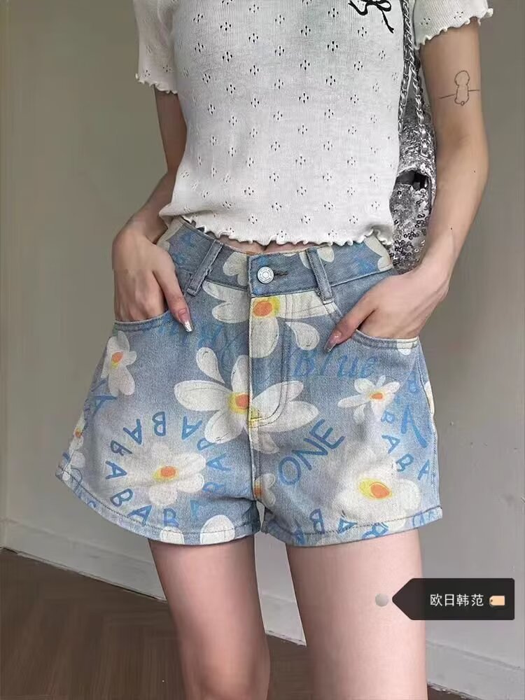 American Letter Full Print Daisy Denim Shorts Women's Summer Design Sense Niche Korean High Waist Slimming Hot Trendy Pants